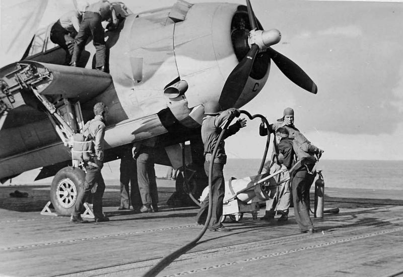 refuel a TBF 1 of VT 4 on the flight deck of the USS Ranger during Operation Torch November 8 19