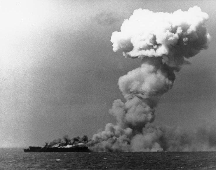 USS Princeton (CVL 23) burning on 24 October 1944 (80 G 287970)